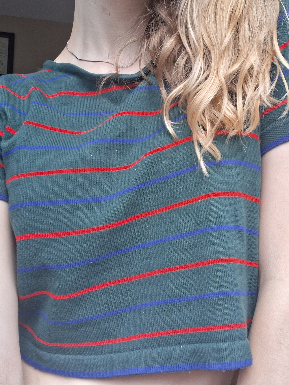Green Cropped Stripe Tee with Red & Blue Lines